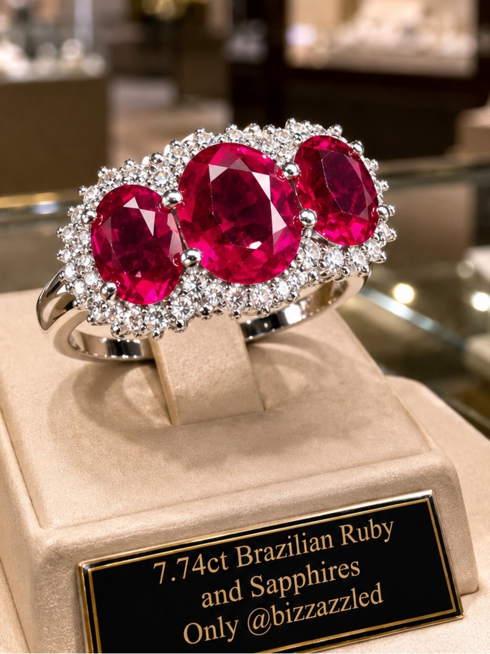 7.74ct Ruby Sapphire 3-stone Ring 14k White Gold over silver 925